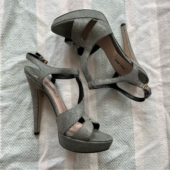 Miu Miu Women's Sz 39 US 9 Stingray Gray Green High Platform Sandals Heels - Picture 1 of 5